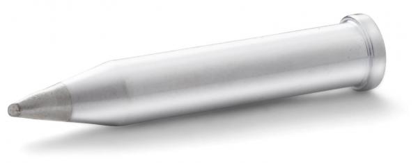 The image shows a silver, pointed pencil. It has a smooth surface and is lying diagonally on a white surface. The lead is gray.