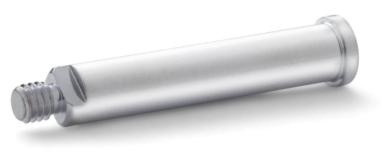 The image shows a silver, cylindrical metal pin with a straight, smooth surface. At one end, there is a threaded section suitable for attachment.