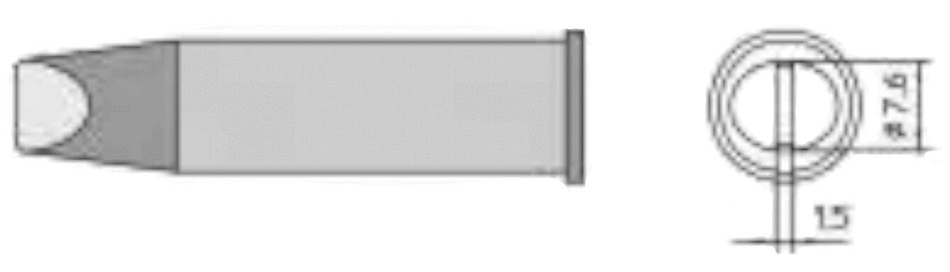 The image shows a schematic representation of a cartridge. On the left, it is viewed from the side and on the right from above. The cartridge is elongated with a rounded tip and has a diameter.