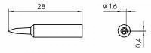 The image displays a technical drawing of an object measuring 28 mm in length and 1.6 mm in diameter. A top view illustrates the object with a small hole of 0.4 mm.