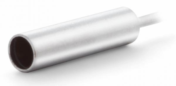 The image shows a shiny, metallic cylinder with an open end. It is slender and has an elongated shape. At one end, a thin wire is attached.