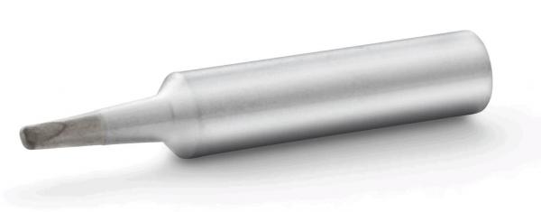 The image shows a silver, cylindrical object with a conical tip. The body is smooth and round, the tip is slightly rounded and has a dark color.