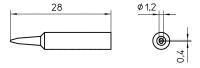 The image displays technical drawings of an object. On the left side, there is a side view with a length of 28 mm and a pointed shape. On the right, there is a top view with diameters of 1.2 mm and 0.4 mm.