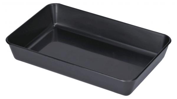 The image displays a rectangular, flat, oven-safe dish in black. It has straight edges and a smooth, deep base, perfect for baking or roasting.