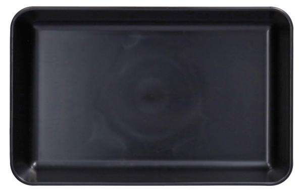 The image shows a rectangular, flat tray in matte black color. The edges are slightly raised, and the surface is smooth and glossy. It has no visible decorations.