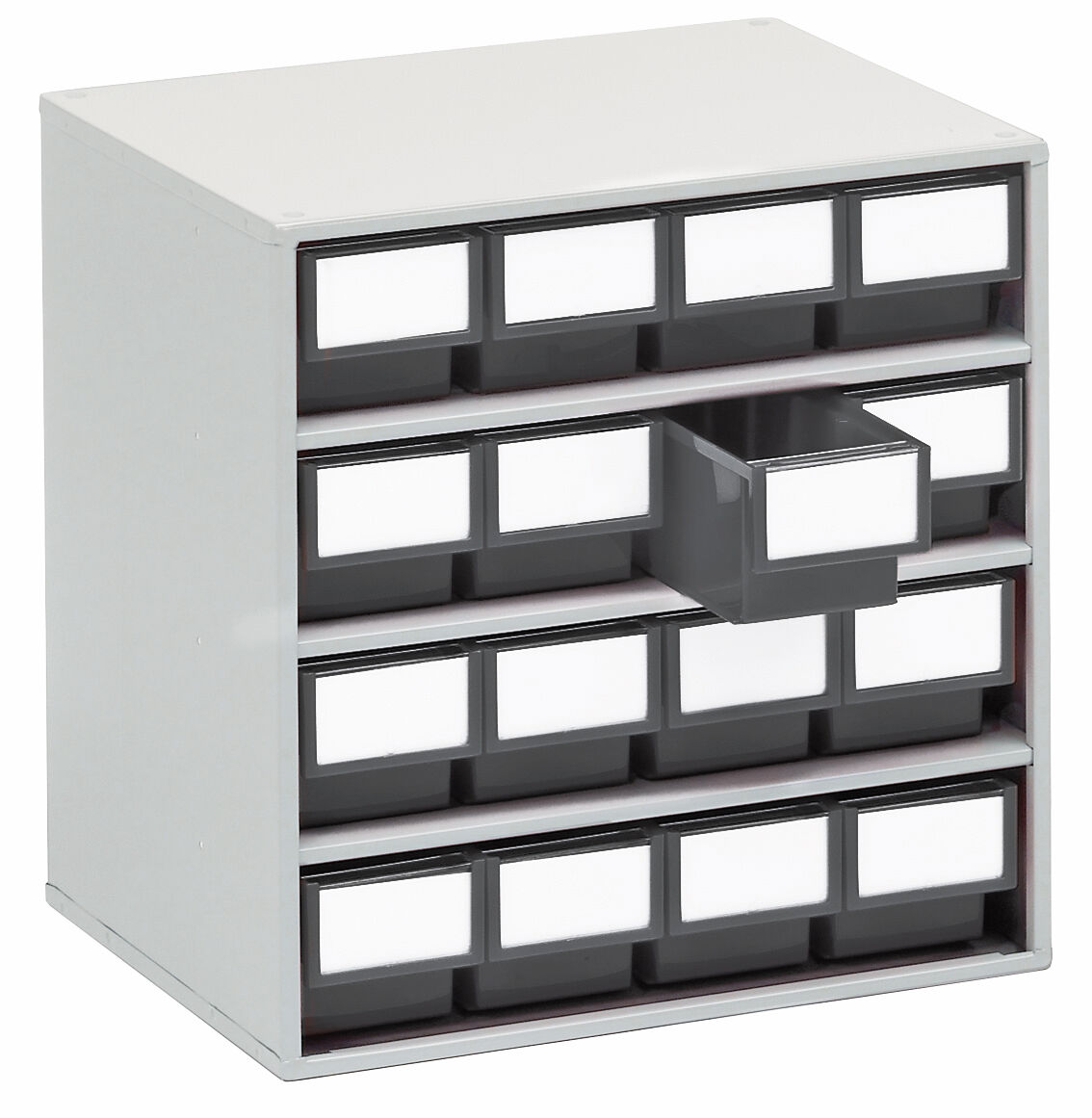 The image shows a compact storage cabinet with several small drawers. The drawers are gray, the casing is white. One drawer is pulled out.