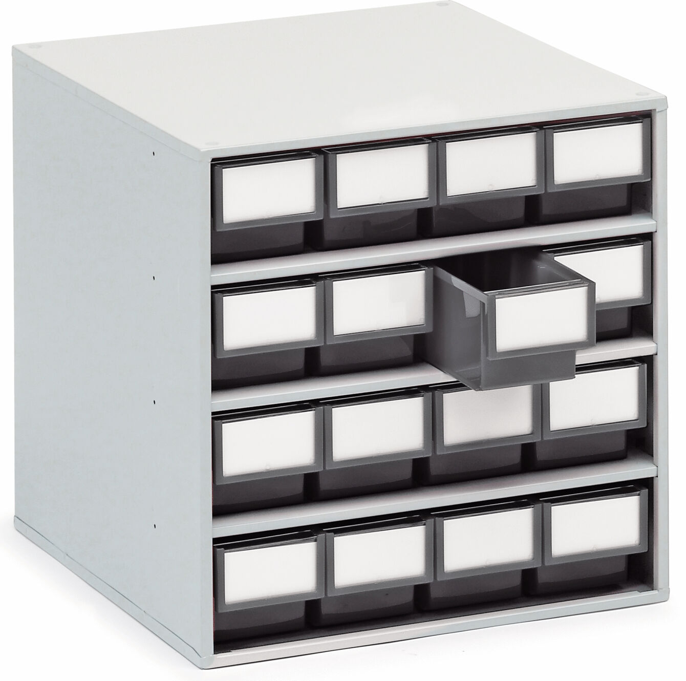 The image shows a square storage box with multiple drawers. It has a total of five rows of small drawers that serve as compartments. One drawer is open.