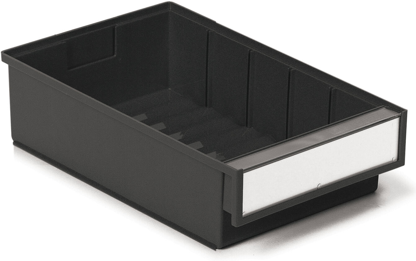 The image shows a black, rectangular storage box without a lid. It has a smooth surface and a transparent front for labeling. Inside, there are compartments for organization.