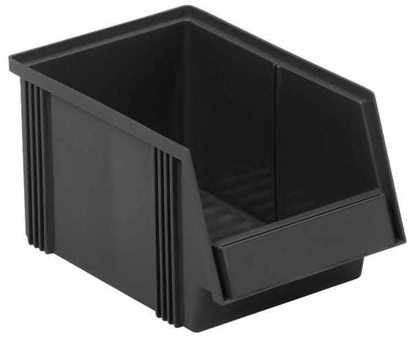 The image shows a black, rectangular plastic box with slanted sides. It has an open front and vertical grooves on the sides, ideal for storage and organization.