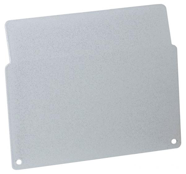 The image shows a rectangular, smooth plate made of lightweight material in a bright, shimmering shade of gray. One of the upper corners is rounded, and there is a small hole on one side.