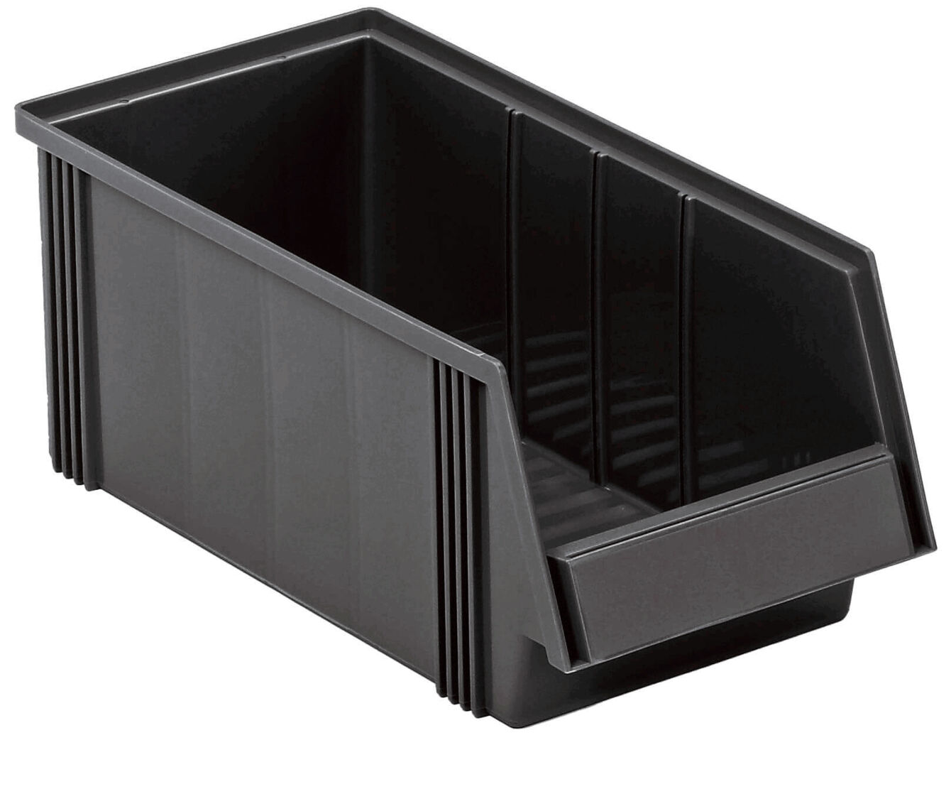 The image shows a rectangular, black storage box with a slanted front edge. It has smooth side walls and a textured interior. Ideal for organizing smaller items.