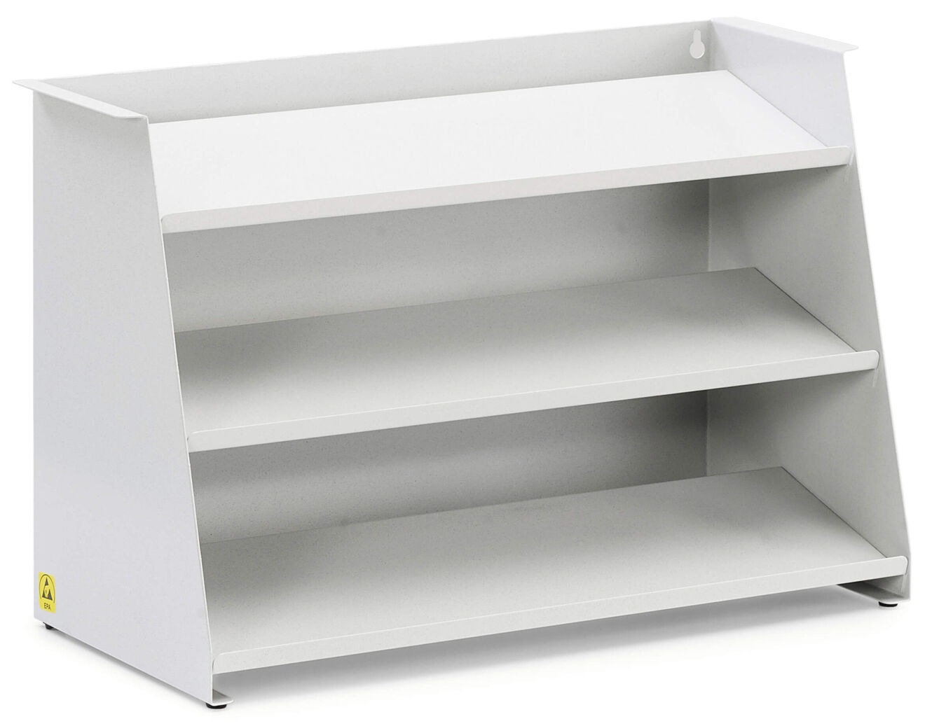 It is a narrow, three-tiered shelf topper in white. It has a slanted top and provides space for items on the three open shelves. The structure is stable and lightweight.