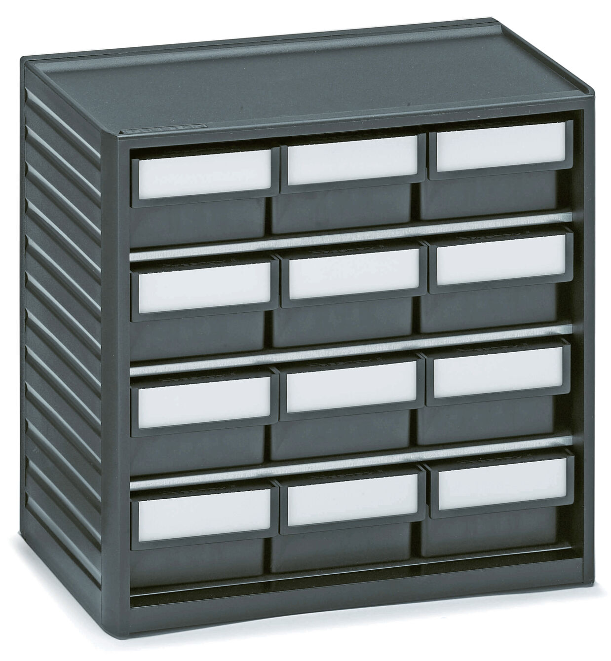 The image shows a compact, black drawer cabinet with several small drawers. Each drawer has a white labeling area. The cabinet has a smooth surface and is sturdy.