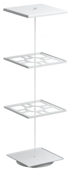 The image depicts a modern, freestanding shelf with three square, white shelves connected by a slender rod. The shelves are designed in a minimalist style.