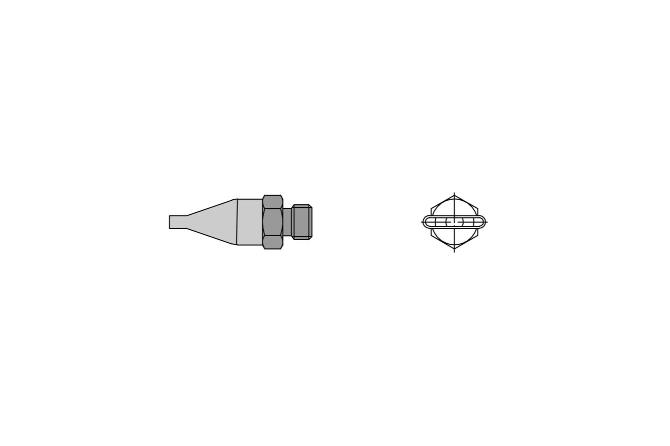 The image displays a technical drawing of a small metal body with a sharp, conical shape and two prismatic connectors, one of which is threaded. Adjacent to it is a top view.