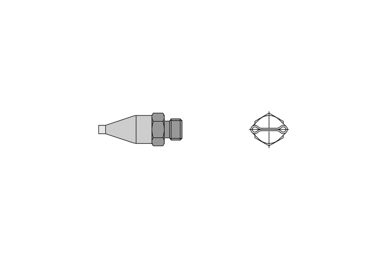 The image shows a technical component in two views: a top view and a side view. It has a conical shape with two threaded connections in the middle.