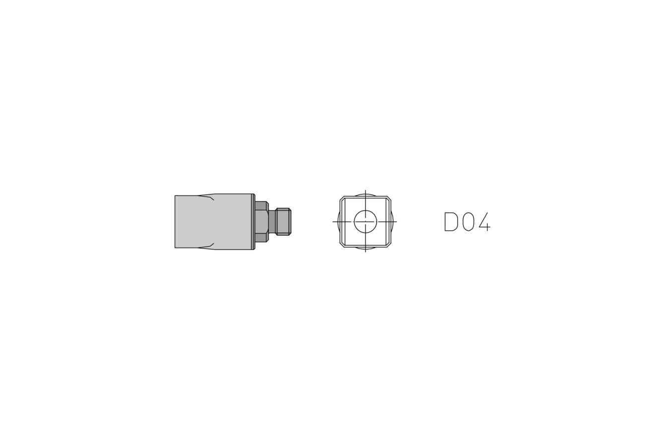 The image displays a technical drawing of a component. On the left side, the side view is visible, on the right a top view, next to it is labeled "D04".