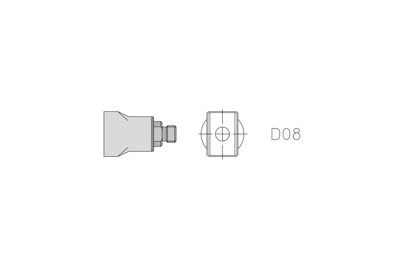 The image displays a technical drawing of a component in two views: from the side and from above. It shows a rectangular body with a continuous opening. Next to it is "D08".