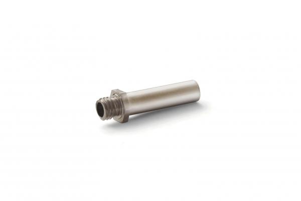 The image shows an elongated metal tube with a threaded opening at one end. The surface is smooth and silver. It is lying on a white background.