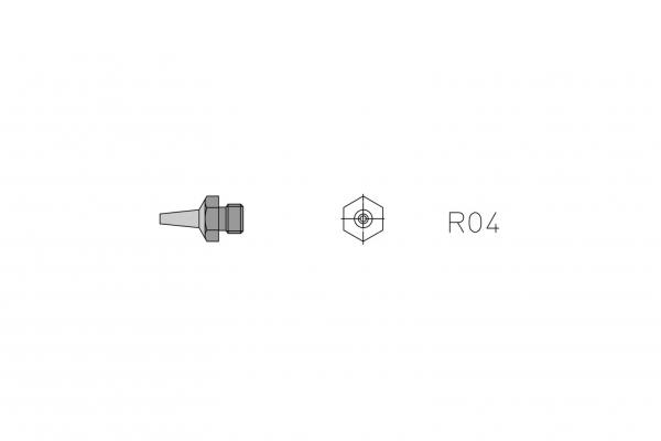 Das Bild zeigt eine technische Zeichnung eines Bauteils. Links ist ein spitz zulaufendes Element mit einem hexagonalen Kopf. Rechts steht die Bezeichnung "R04".