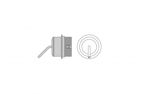 The image shows a schematic connection with a round casing and a hose leading out to the side. Side view and top view are depicted.