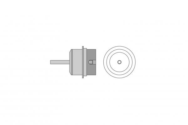 The image shows a technical component, likely a connector or a joint. It has a cylindrical shape with a flat end and a lateral shaft. The other end is round.