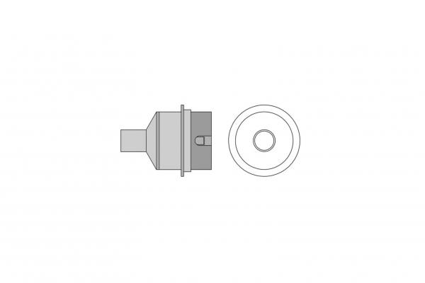 The image shows a technical drawing of a cylindrical object with a rounded top and a flat base. It has a lateral extension and a central opening.