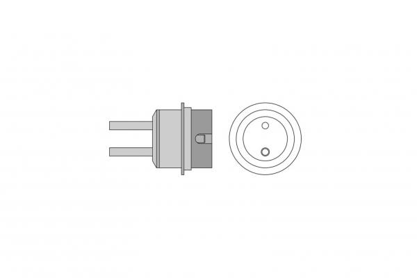 Das Bild zeigt einen elektrischen Stecker von der Seite und eine runde Sichtansicht. Der Stecker hat zwei Stifte und eine Zentrierung, die ihm Stabilität geben.