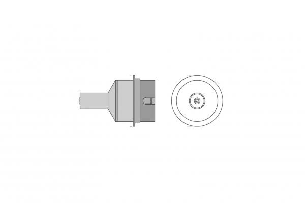 The image displays a technical drawing of a round socket element with a lateral connection. The upper part is flat and features a small plug. The lower part illustrates the round shape with a central hole.