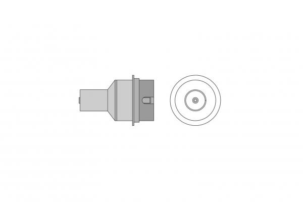 The image displays a technical component in two views: a side view with a rectangular end and a top view showing the round shape of the component.