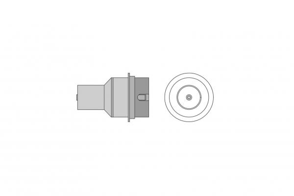 The image shows a technical drawing of a cylindrical object with a wide base and a round top. On the side, there is a small handle or a recess.