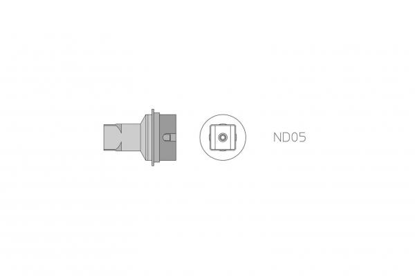 The image displays a technical drawing of a component. On the left is a side view, and on the right a top view with the label "ND05" in the center.