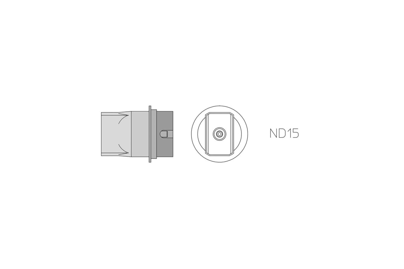 The image displays a technical connection with two views: a side view and a top view. To the right, "ND15" is positioned next to the top view. The connection has a simple, cylindrical shape.