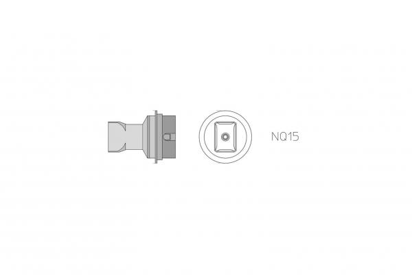 The image shows a technical drawing of a part. On the left is the profile with a narrow opening, and on the right is a round view with a square shape in the center.