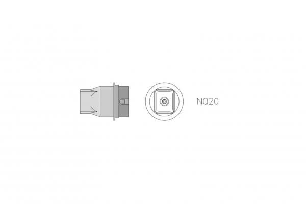 The image shows a technical component, from the side and from above. It has a cylindrical shape with a square opening. Next to the component is the designation "NQ20".