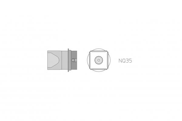 The image shows a technical drawing of a smaller object, possibly a sensor or a camera. There are views from the side and from above, labeled "NQ35".