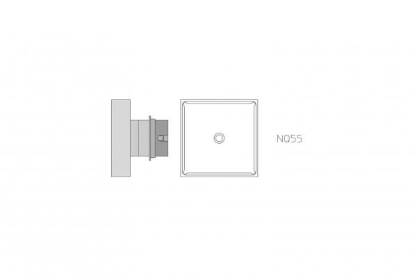 The image shows a technical drawing of a square object with a round center. It has a flat surface and an apparently round attachment part on the side.