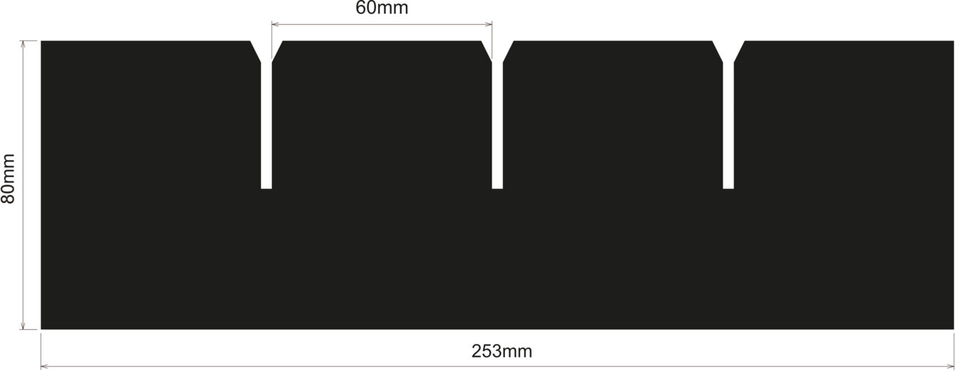 The image shows a black, rectangular shape measuring 253 mm in width and 80 mm in height. Along the top edge, there are three notches, each 60 mm wide.