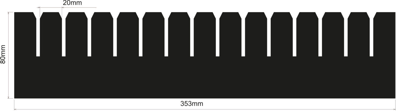 The image displays a black, rectangular shape with 16 evenly spaced, jagged cutouts along the top edge. The dimensions are 353 mm in width and 80 mm in height.