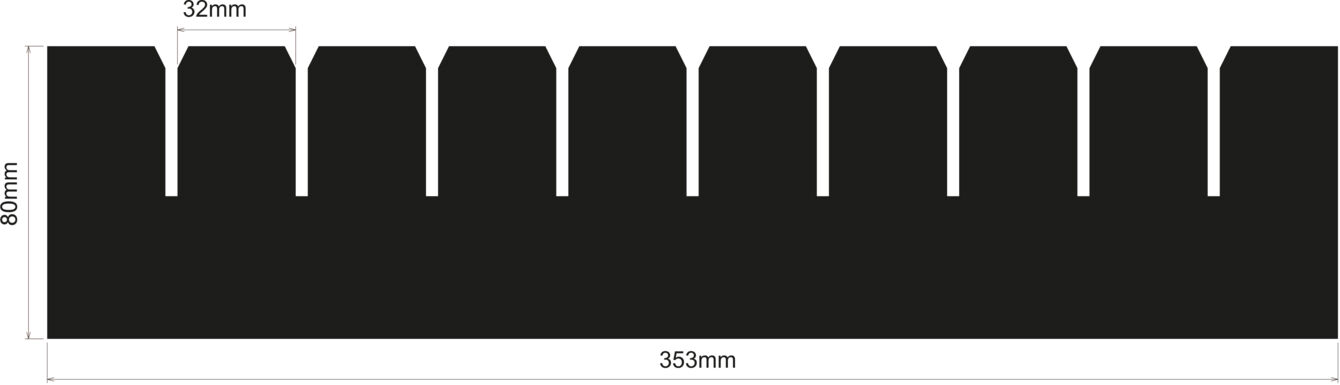 The image displays a black, rectangular area with evenly distributed, rectangular cutouts along the top edge. The dimensions are 35 mm wide and 8 mm high.