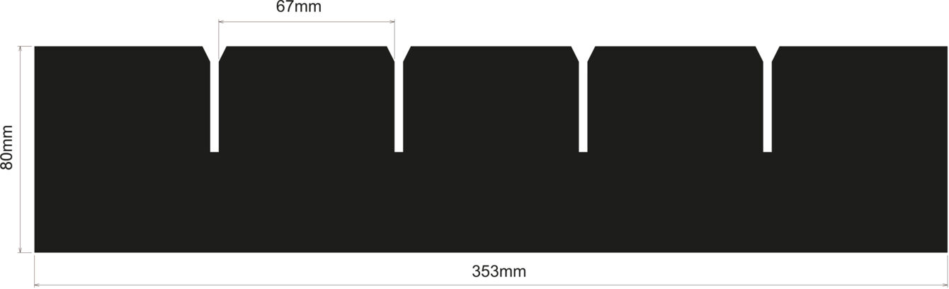 The image displays a black, rectangular shape with a width of 353 mm and a height of 60 mm. Along the top edge, there are five evenly spaced notches, each 67 mm wide.