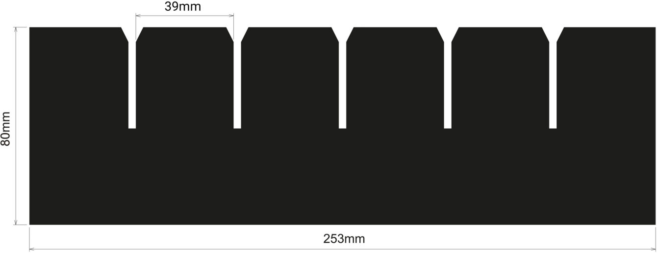 The image displays a black, elongated shape with five evenly spaced notches at the top. The overall dimensions are 253 mm in width and 80 mm in height. The notches are 39 mm wide.