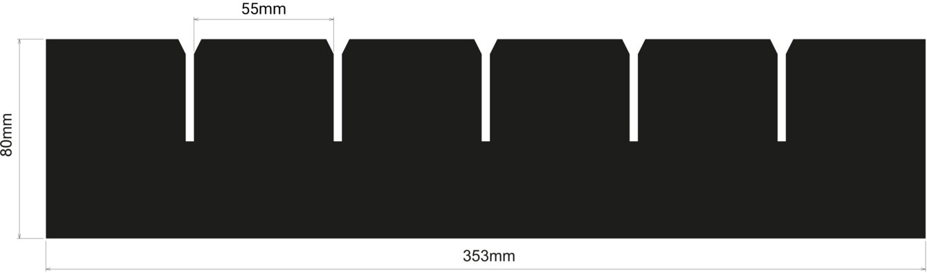 The image displays a black, rectangular shape with evenly milled notches on the top surface. The dimensions are 35 cm in width and 3 cm in height.