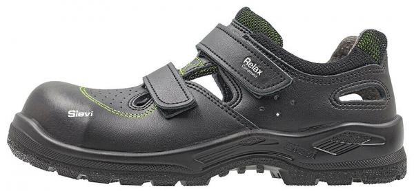 The shoe is black with green accents and features a reinforced toe guard. It has two adjustable Velcro straps and a grippy, textured sole. Ideal for work or leisure.