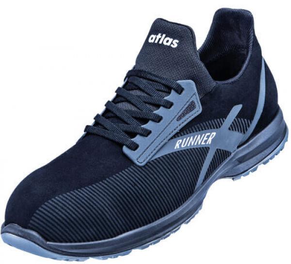 The shoe is a sporty, black running shoe with gray and blue accents. It features a breathable surface and a textured sole for good grip.