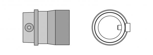 Das Bild zeigt zwei schematische Darstellungen: Links ein quaderförmiges Objekt mit einer Schraube, rechts ein runder, hohler Ring mit einer kleinen Erhebung an der Seite.