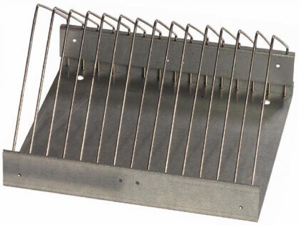 The image shows a simple metal paper tray. It has a slanted shape with several vertical bars that serve as compartments. The surface is smooth and flat.