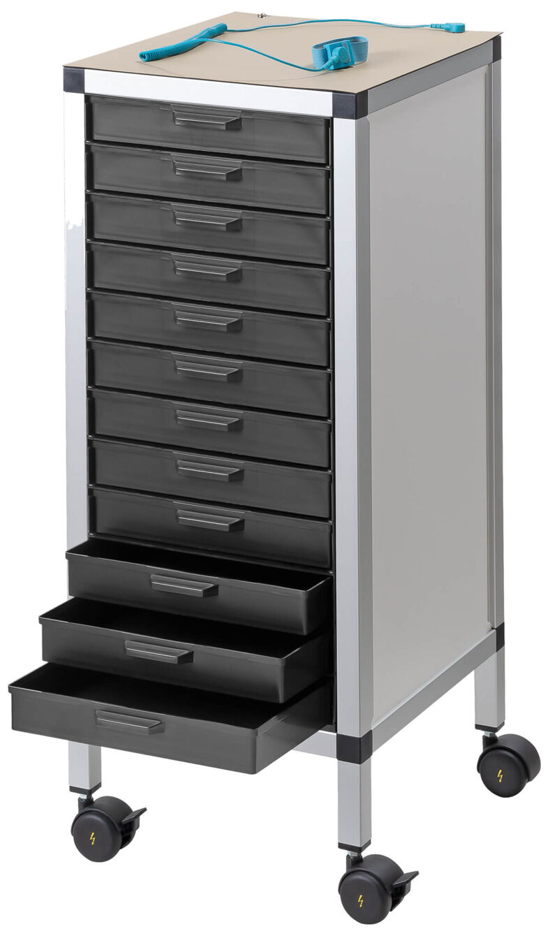 The image shows a rolling storage cabinet with ten black drawers and a rounded top surface. On top, there are two writing utensils.