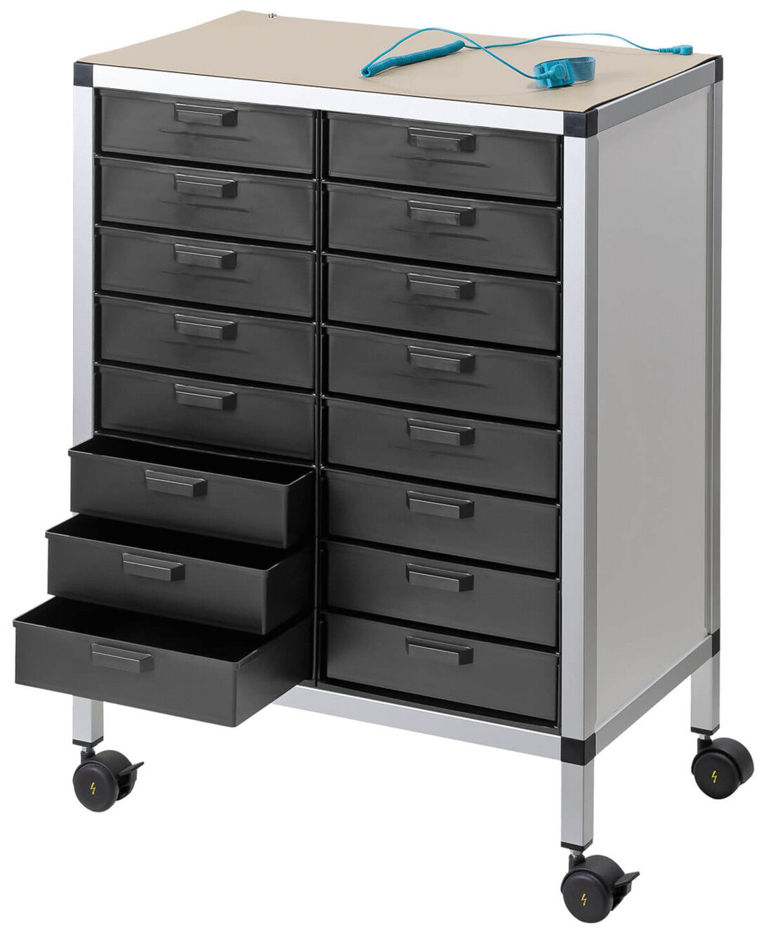 The image shows a rolling drawer cabinet with a gray metal frame and 15 black drawers. There is a smooth tabletop on top and a blue cable tie is lying on it.