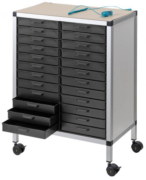 The image shows a rolling cart with 16 black drawers and a work surface on top. The cart is on wheels and has several drawers open on one side.